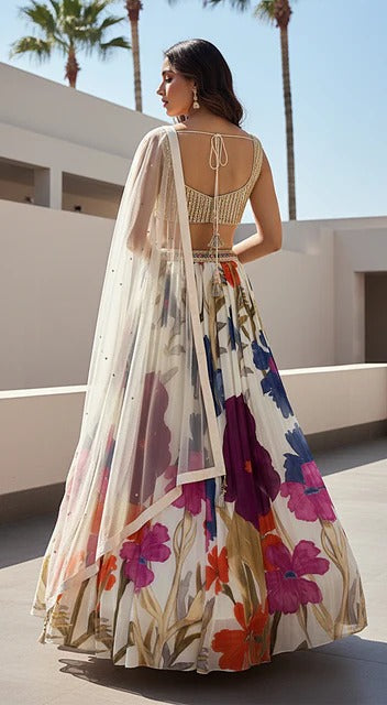 Ivory Georgette Garden Lehenga Set For Party Wear (D844)