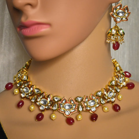 Designer Gold Plated Royal Kundan & Ruby Necklace with Earrings (D723)