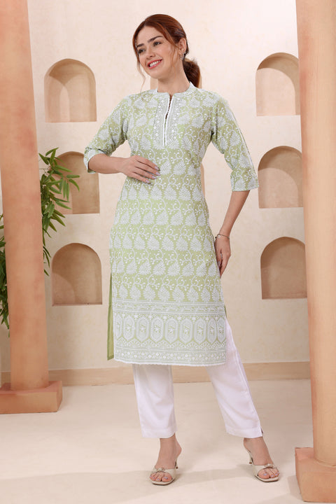 Light Pista Pure Cotton Chikankari Long Kurti for Women (D1725)