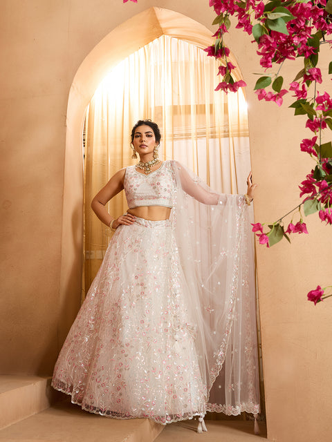 Cream Net Fabric Sequins embroidery Lehenga Blouse With Dupatta (D852)