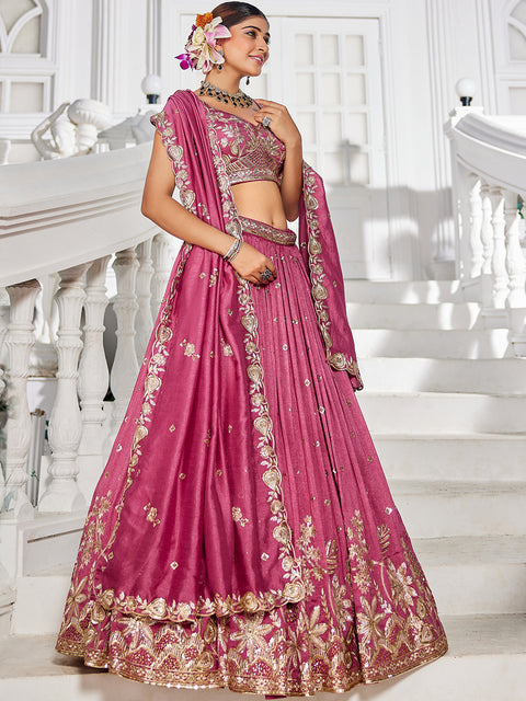Rose Gold Chiffon Sequins Embroidery Lehenga Choli & Dupatta (D794)