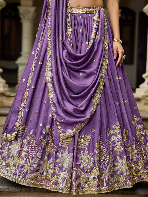 Purple Chiffon Sequins Embroidery Lehenga Choli & Dupatta (D777)