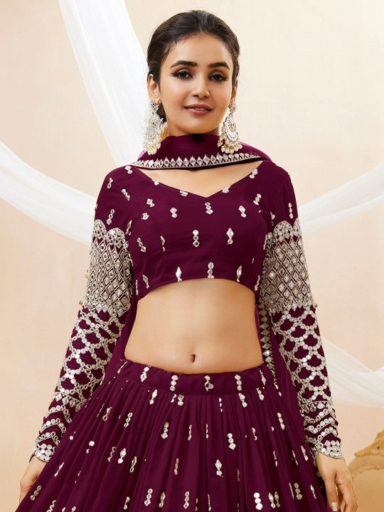 Lehenga Choli Set – Purple & Silver-Toned Embroidered With Dupatta (D760) Deal