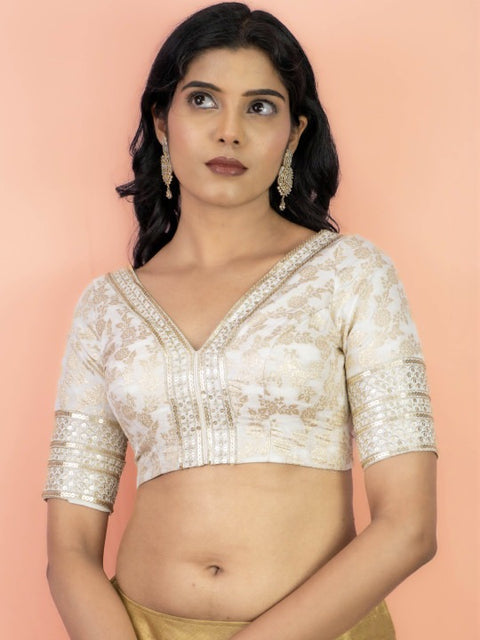 White Brocade Blend Woven Design Brocade Blouse (D2053)