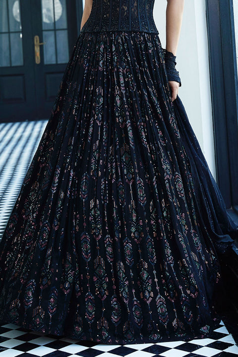 Black Chantilly Net Embroidered Lehenga Set (D843)