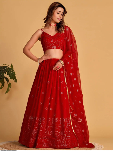 Red Sequins Georgette Engagement Wear Lehenga Choli (D1261)
