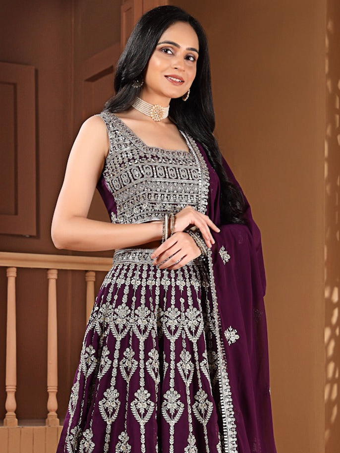 Dark Purple Golden Zari Work Georgette Lehenga Choli (D823)