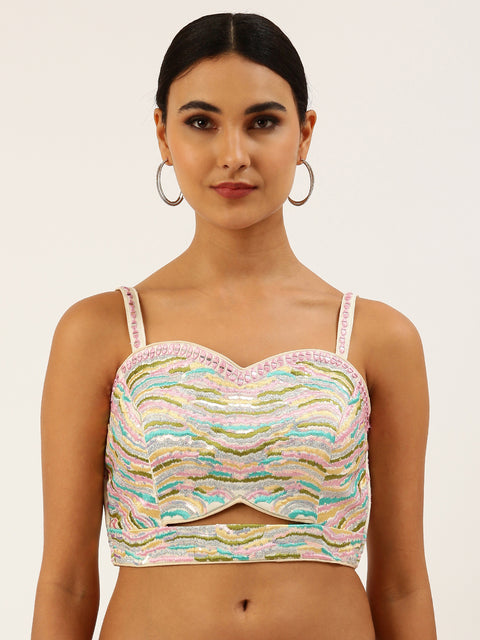 Turquoise Blue-Toned Sequinse work Pure Art Silk Readymade Blouse For Wedding & Party Wear (Design 1640)