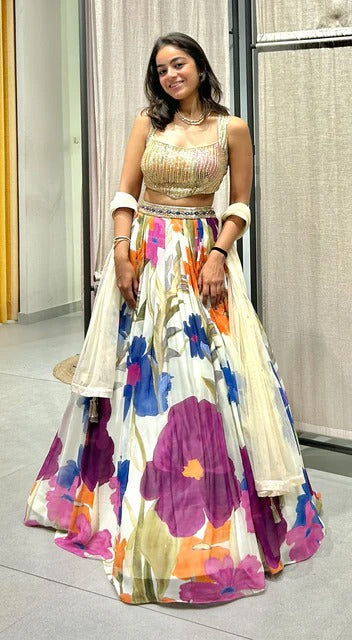 Ivory Georgette Garden Lehenga Set For Party Wear (D844)