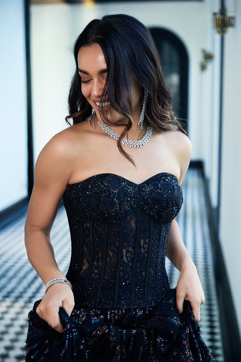 Black Chantilly Net Embroidered Lehenga Set (D843)