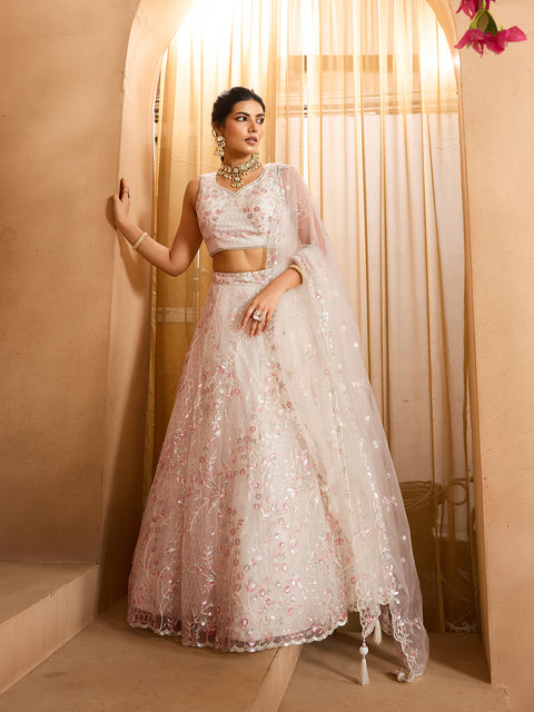 Cream Net Fabric Sequins embroidery Lehenga Blouse With Dupatta (D852)