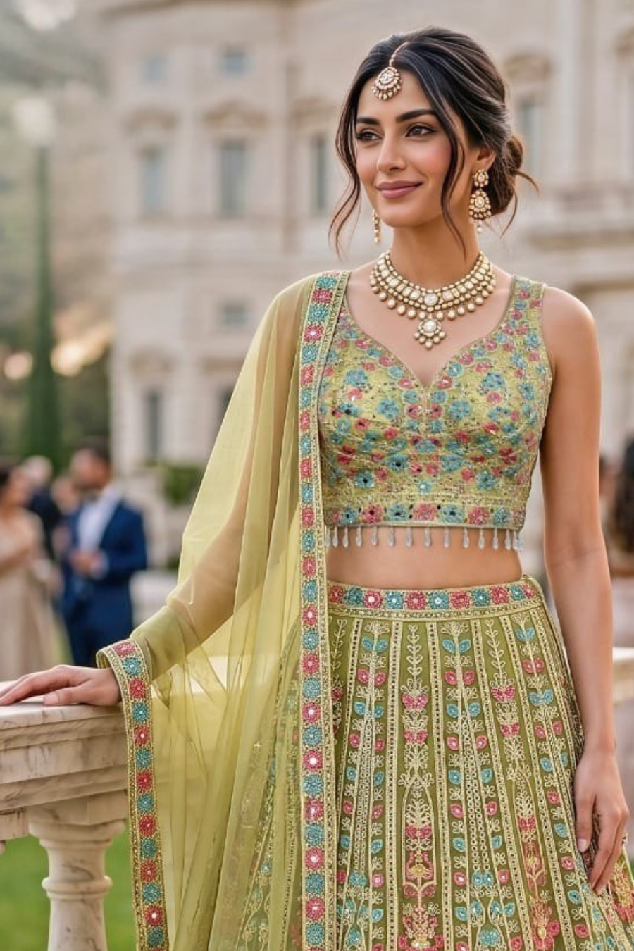Parrot Green Color Soft Net Mirror Thread Work Lehenga & Blouse With Dupatta (D1066)