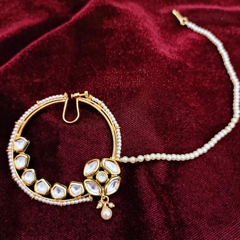 Gold Plated Royal Kundan Studded Nose Ring with Chain - NATH (Design 17)