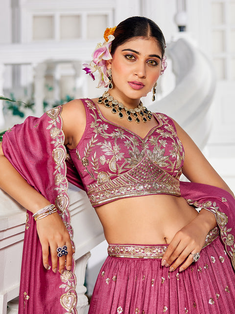 Rose Gold Chiffon Sequins Embroidery Lehenga Choli & Dupatta (D794)