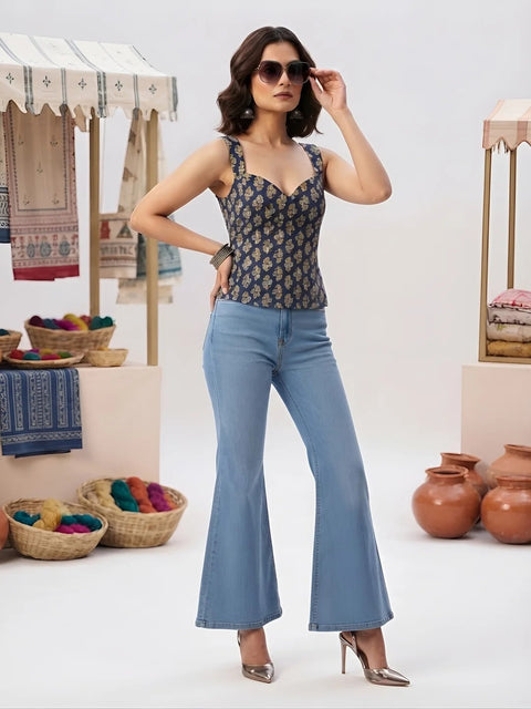Elegant Blue Cotton Printed Short Kurti (D2287)