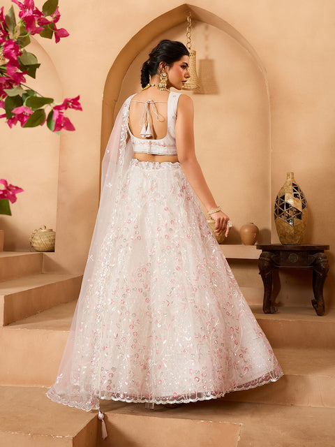 Cream Net Fabric Sequins embroidery Lehenga Blouse With Dupatta (D852)
