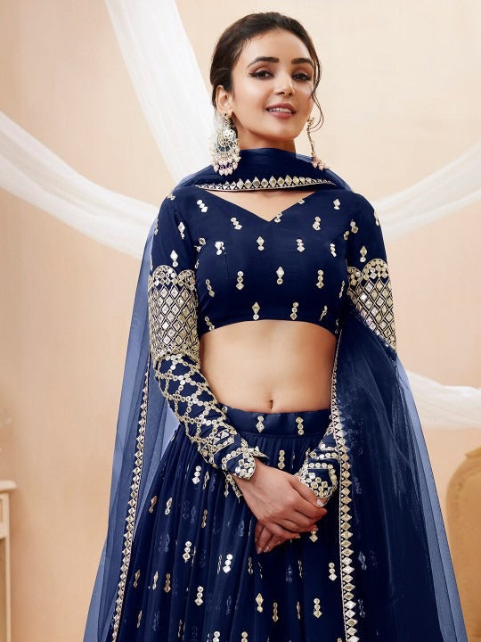 Navy Blue and Silver-toned Embroidered Lehenga Choli With dupatta (D756) Deal