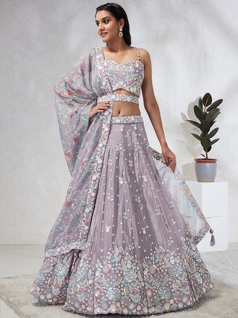 Lavender Multi Color Chiffon Embroidered using Sequins, Thread & Coding Lehenga choli (D398)