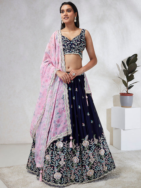 Navy Blue Color Georgette Sequins, Mirror and thread embroidery Lehenga choli For Party Wear (D401)