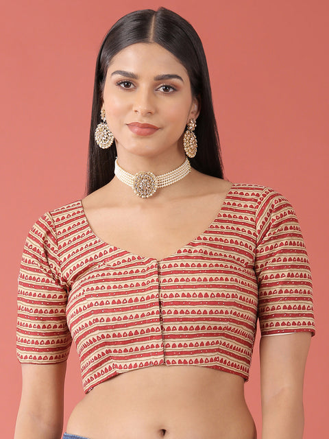 Maroon-Toned Cotton Silk Tribal Pattern Print Readymade Blouse (Design 1643)