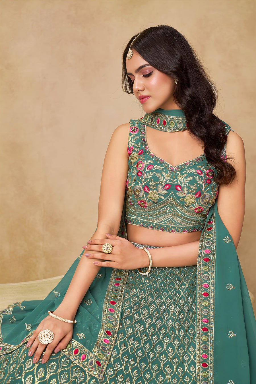 Timeless Green Floral Embroidery Georgette Event Wear Lehenga With Blouse (D1028)