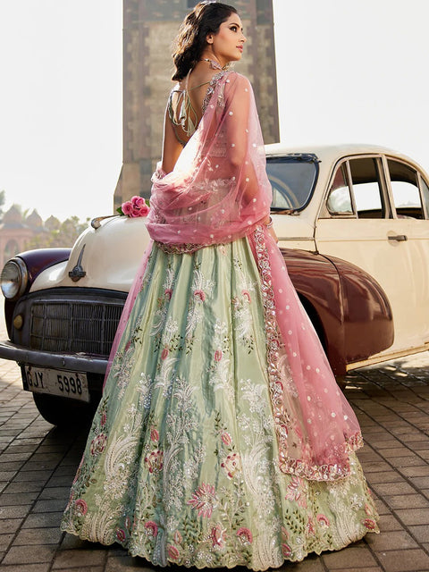 Lime green Satin Silk Sequins Embroidery Lehenga Choli & Dupatta (D807)