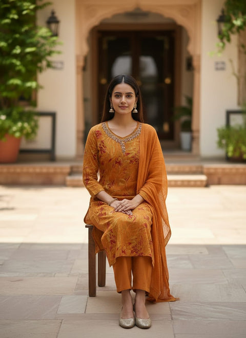 Orange Yellow Colour Printed Milano Suit & Pant With Chiffon Dupatta (D2033)