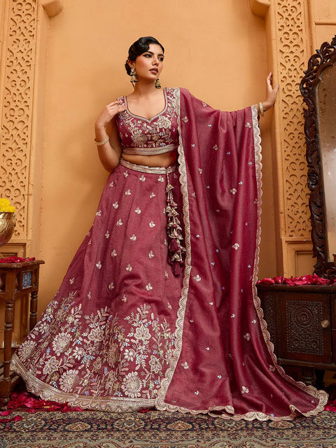 Rose gold Tissue Fabric Sequins Embroidery Lehenga & Blouse With Dupatta (D887)
