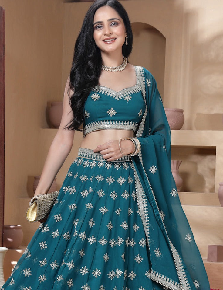 Teal Green Sequins Embroidered Lehenga Choli (D812)