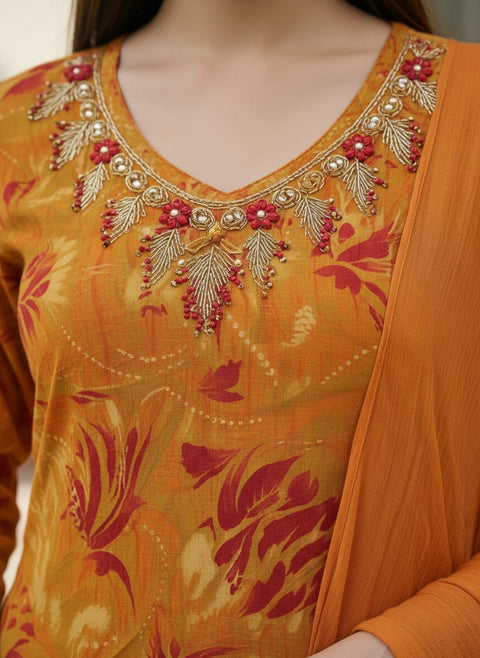 Orange Yellow Colour Printed Milano Suit & Pant With Chiffon Dupatta (D2033)