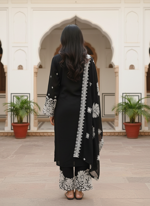 Black Colour Georgette Sequinse & Thread Work Embroidery Suit & Palazzo With Dupatta (D1871)