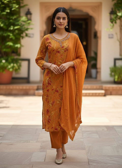Orange Yellow Colour Printed Milano Suit & Pant With Chiffon Dupatta (D2033)