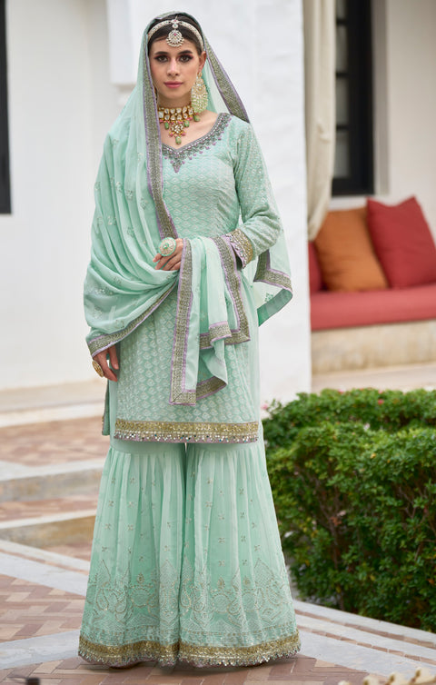 Designer Light Green Color Festive Sharara Suit With Dupatta in Georgette (D962)