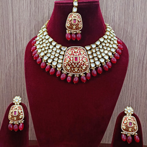Designer Bridal Gold Plated Royal Kundan Necklace With Mang Tikka (D563)