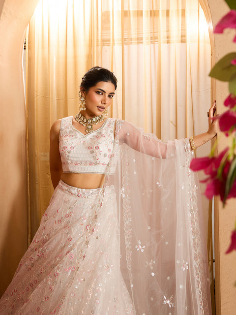 Cream Net Fabric Sequins embroidery Lehenga Blouse With Dupatta (D852)
