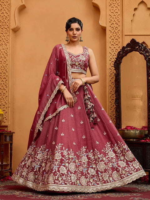Rose gold Tissue Fabric Sequins Embroidery Lehenga & Blouse With Dupatta (D887)