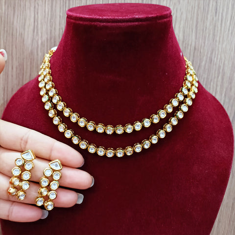 Designer Gold Plated Two Layer Royal Kundan Ruby Necklace with Earrings (D296)