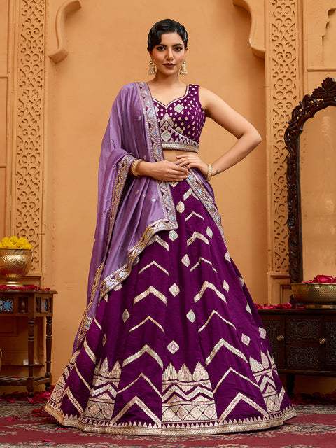 Burgundy-Silk Fabric Sequins embroidery Lehenga & Blouse With Dupatta (D928)