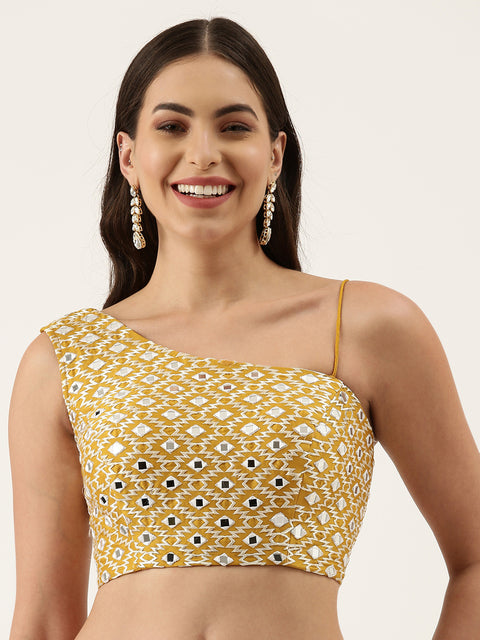 Mustard Hand Work One Shoulder Readymade Blouse For Wedding & Party Wear (Design 1630)