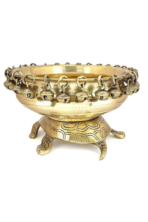 8 Inches Brass Urli Over Tortoise, Brass Urli Decor, Urli Bowl for Decoration, Standard, Pack of 1(Design 94)