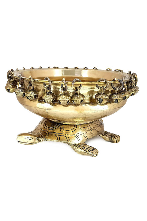 8 Inches Brass Urli Over Tortoise, Brass Urli Decor, Urli Bowl for Decoration, Standard, Pack of 1(Design 94)