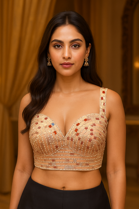 Designer Readymade Pink & Red Stone-Embellished Blouse (D1856)