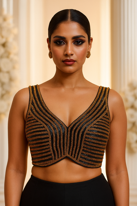 Designer Readymade Golden & Black Stone-Embellished Blouse (D1863)