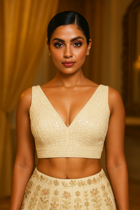 Designer Readymade White Embellished Blouse  (D1869)