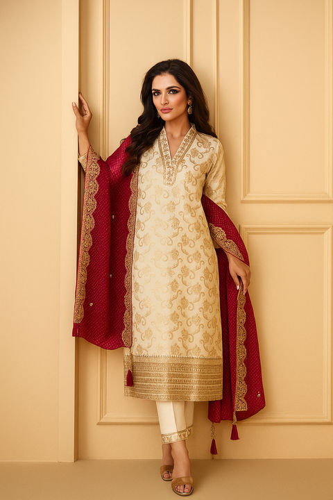 Cream And Red Traditional Embroidery Silk Salwar Kameez Suit For Party Wear (D1553)
