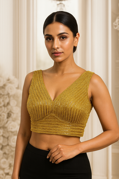 Designer Readymade Golden Stone-Embellished Blouse (D1857)