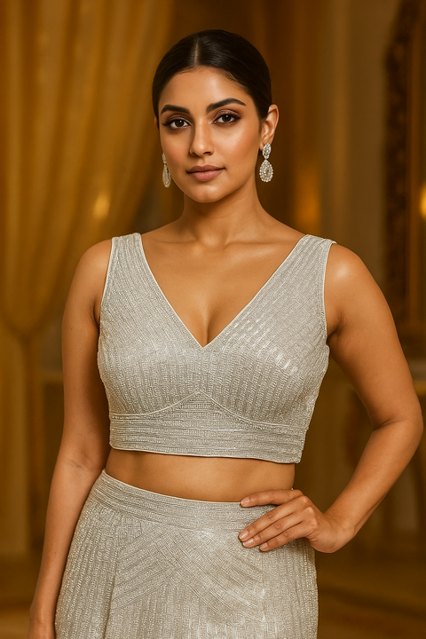 Designer Readymade White & Silver Stone-Embellished Blouse (D1855)