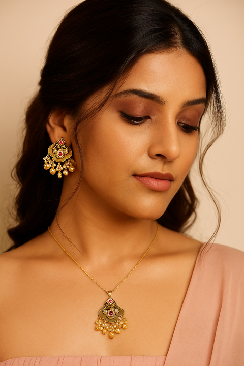 Designer Elegant Gold Plated Royal Kundan Pendant Set (D1206)