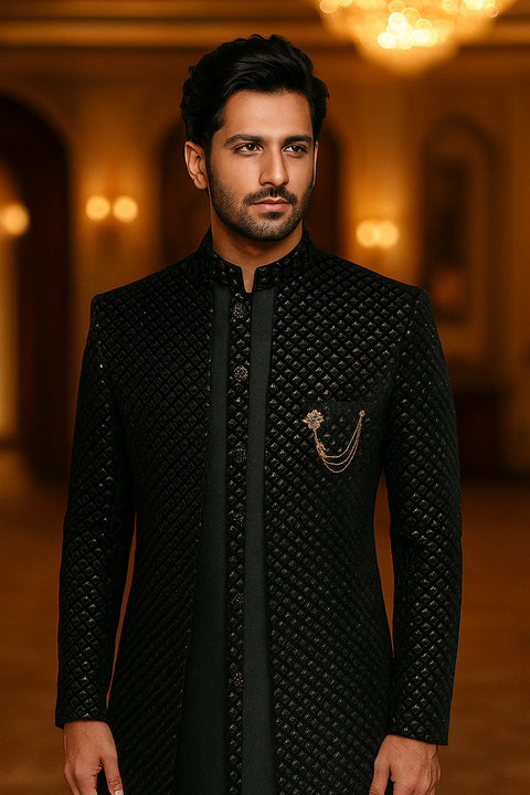 Black Embroidered Indo Western Sherwani (D226)