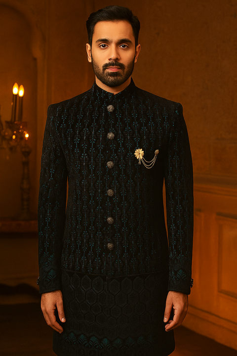 Indo Western Embroidered Velvet Sherwani For Men's (D225)